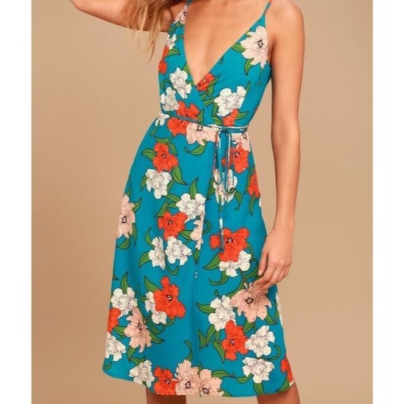 NWT Lulus S Country Club Teal Blue Floral Print Wrap Dress With Cut Out Back - Picture 1 of 8
